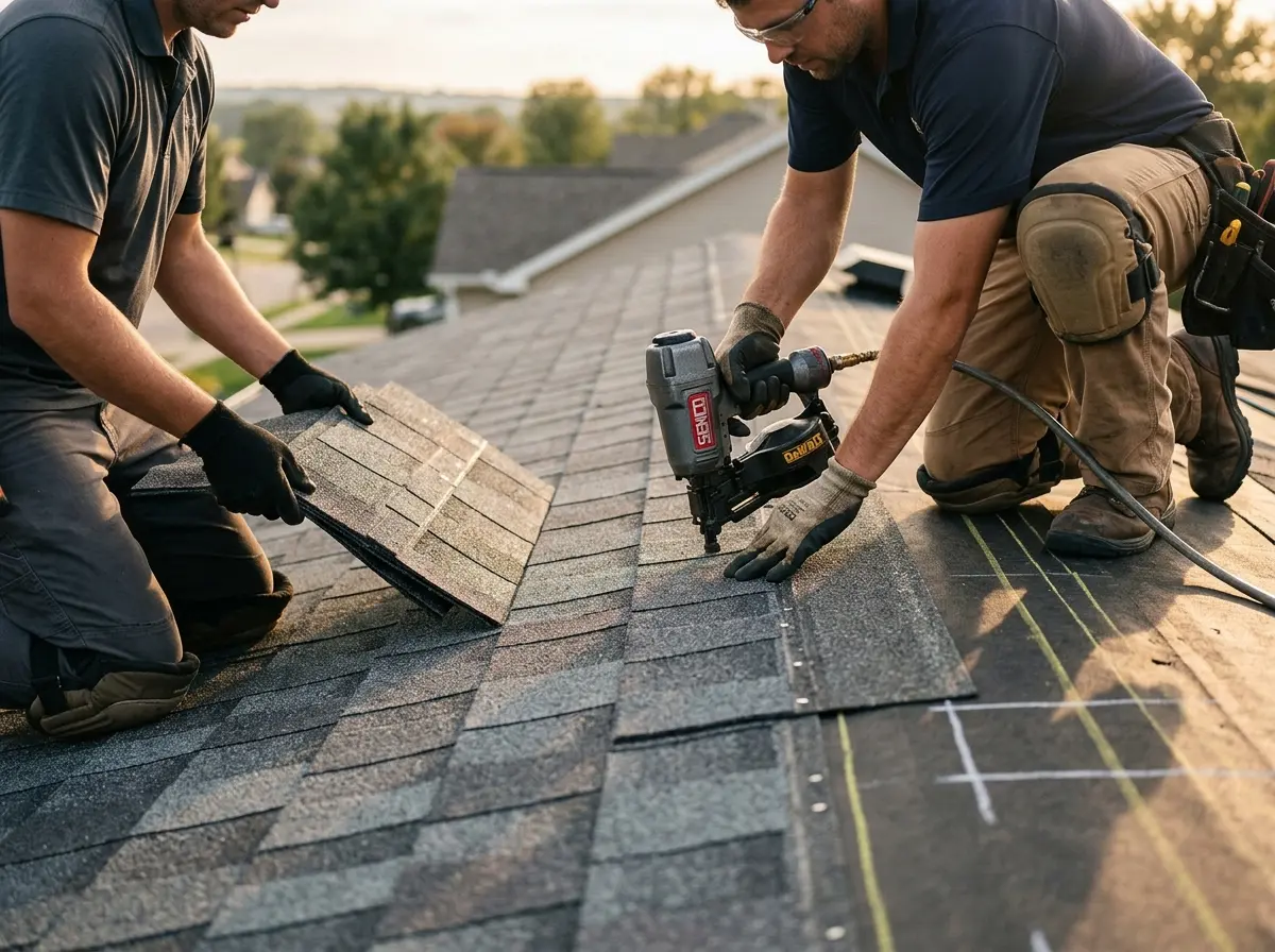 Professional roofer working on a residential roof in Lake Barcroft